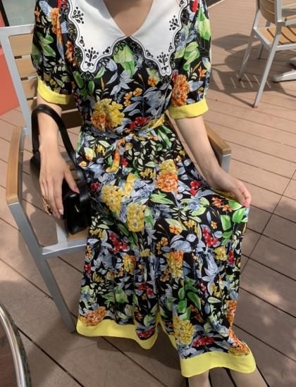 刺しゅう襟付き花柄レトロワンピース Topchic