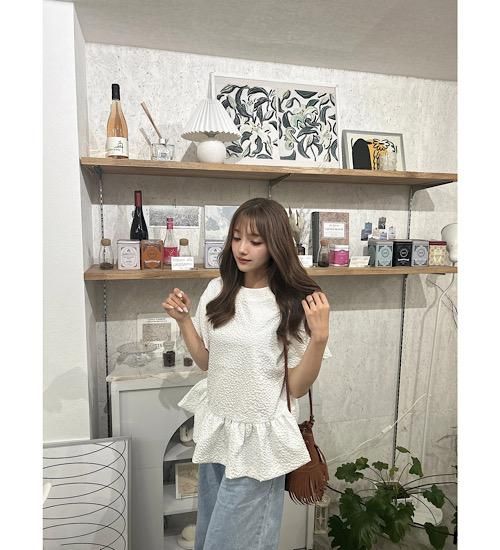 ジャガード後ろリボンペプラムブラウス - TOPCHIC