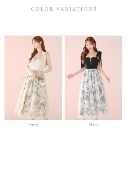 XS～Lサイズあり】花柄チュール肩リボンフレアロングキャバドレス