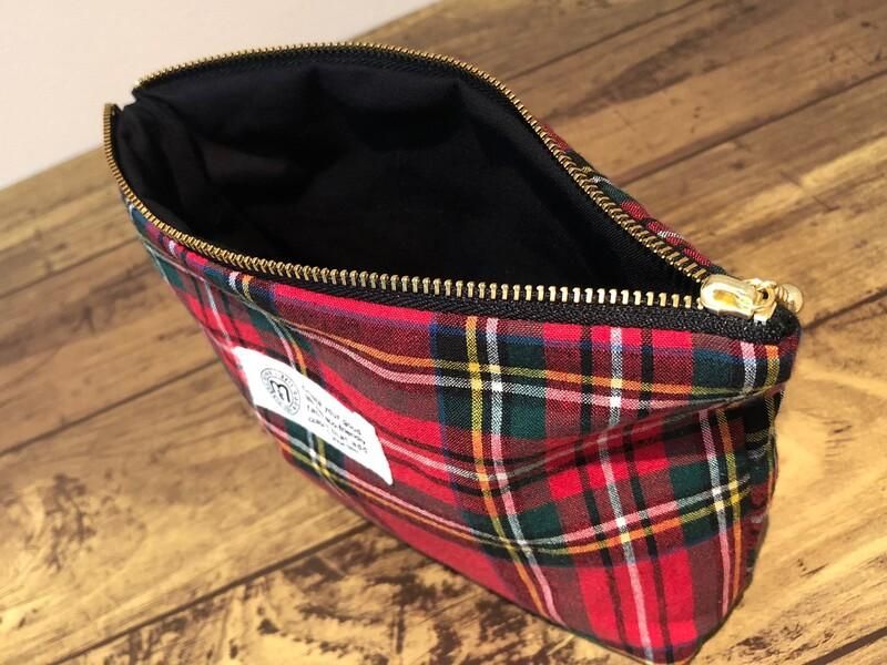 mulberry marche 播州織コットンリネンチェック マチ付きポーチ