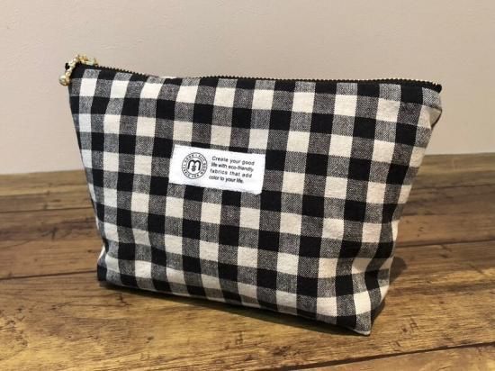 mulberry marche 播州織コットンリネンチェック マチ付きポーチ
