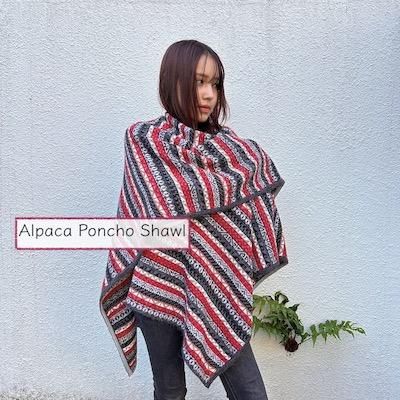 アルパカ】アルパカ模様のアルパカニットポンチョショール アルパカ】アルパカ模様のアルパカニットポンチョショール