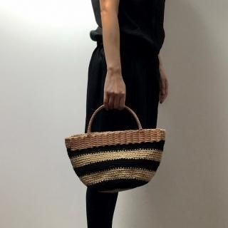 持ち手ラタンの麻紐トート【マルシェ】ボーダー/黒×ベージュ❘ラタンを