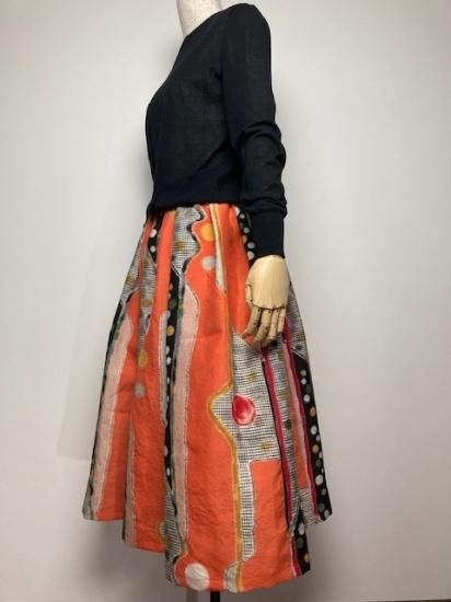 着物リメイク】タック＆ギャザースカート/オレンジにドット・チェック