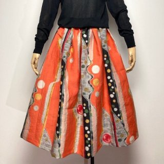 【着物リメイク】タック＆ギャザースカート/オレンジにドット・チェック・抽象柄
