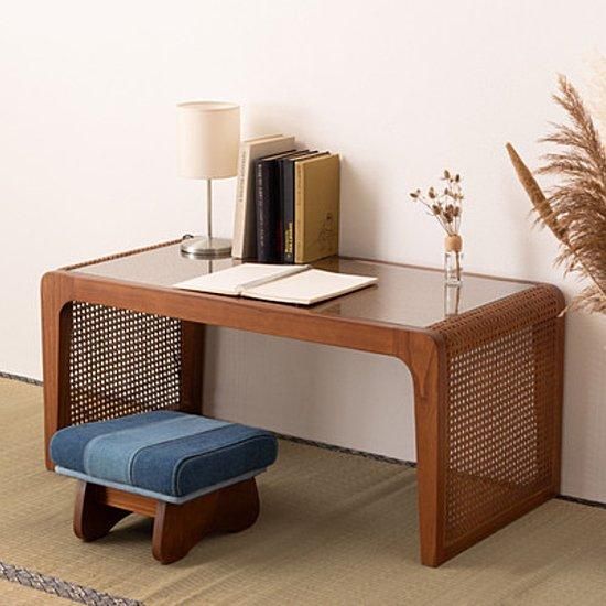 ラタンとガラスのセンターテーブル ガラス センターテーブル 幅100cm 完成品 ラタン チーク カゴメ