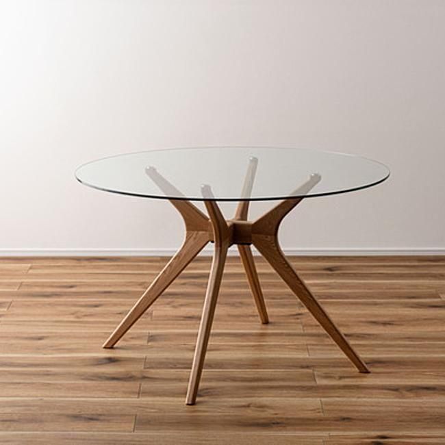 ラウンドガラステーブル110cm｜強化ガラス×オーク材で高級感のある