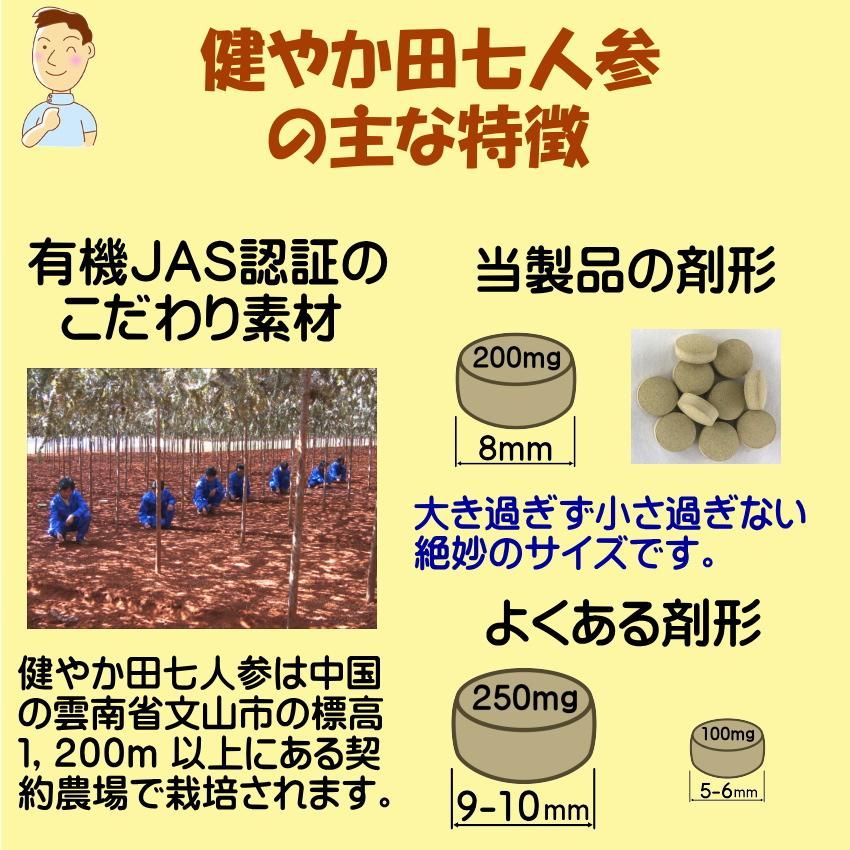 田七人参 サプリ 有機jas 規格 お試し価格 200mg×300粒 有機田七人参 98% サポニン 6,960mg 伝七 でんしち 三七人参 健やか 田七人参