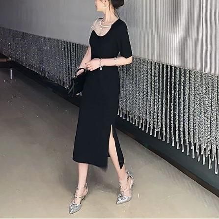 ワンピース レディース パーティードレス 30代 代 結婚式 韓国 10代 黒 マキシ丈 ロング丈 Aライン ラウンドネック ドット柄 半袖 二次会 春夏 きれいめ およばれ きれいめ Dress No Sato