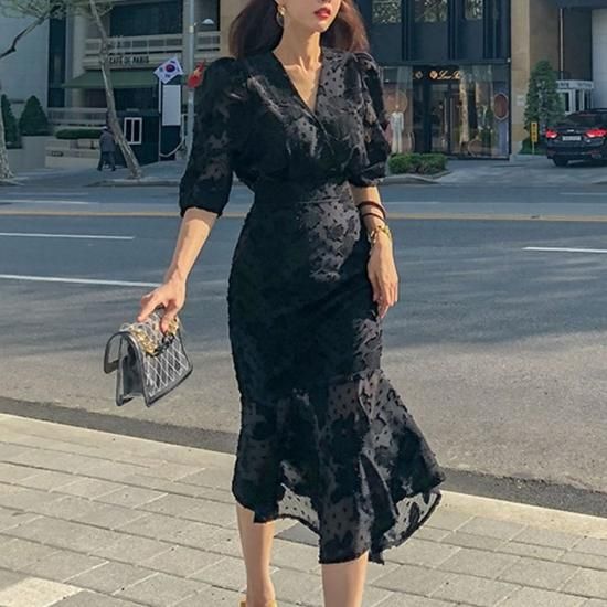 ロングワンピース ワンピ 韓国 コーデ きれいめ 40代 30代 ミモレ丈 七分袖 レース 花柄 vネック およばれ 発表会 フィッシュテール 着やせ おしゃれ ブラック 通勤 春 ウエストマーク dress no sato