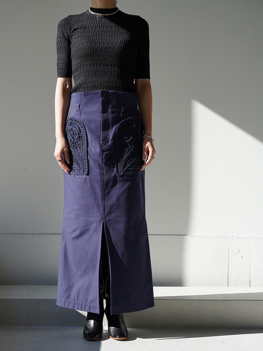 MameKurogouchi Cording Embroidered Nep-Cotton Skirt / navy