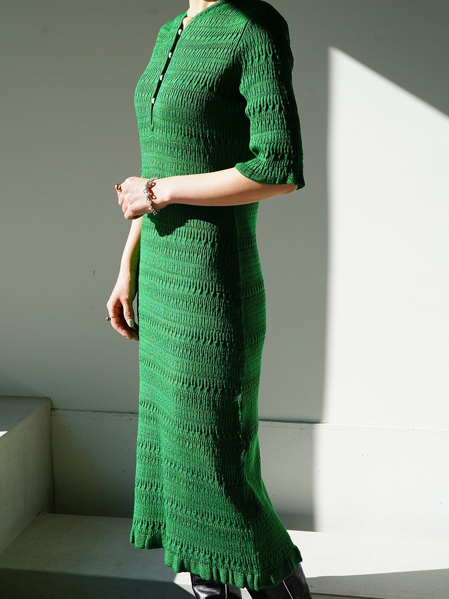 MameKurogouchi  Geometric Ribbed Knitted Dress / green