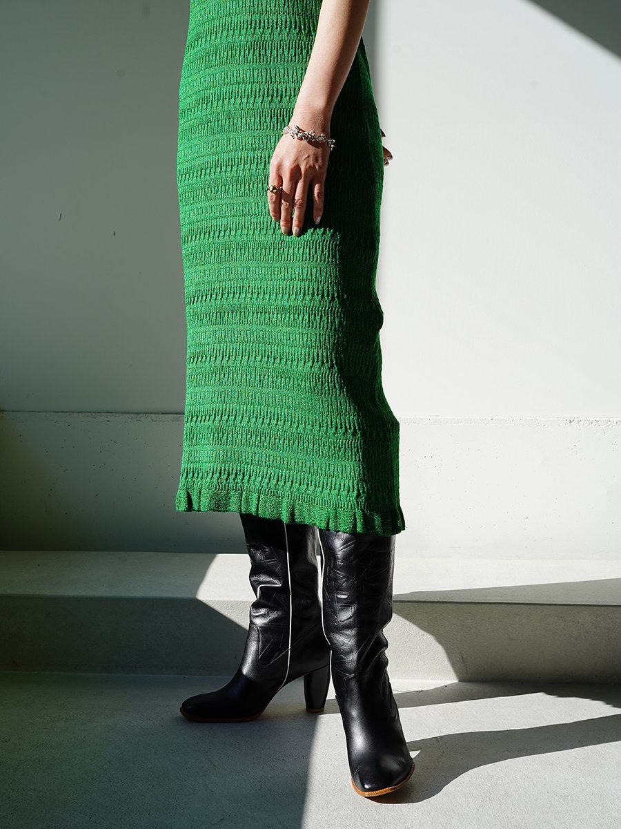 MameKurogouchi  Geometric Ribbed Knitted Dress / green