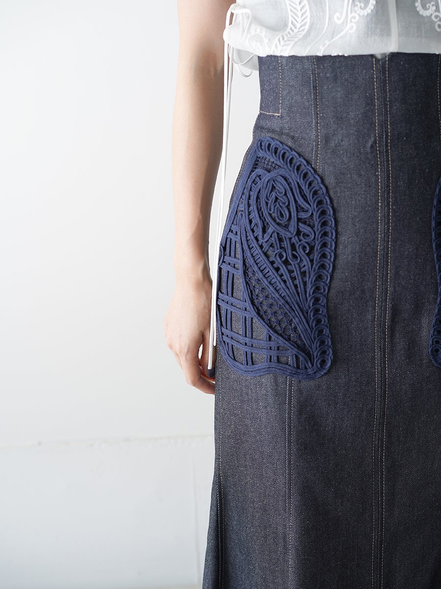 Mame Kurogouchi Cord Embroidery Detail Denim Skirt - Altamira