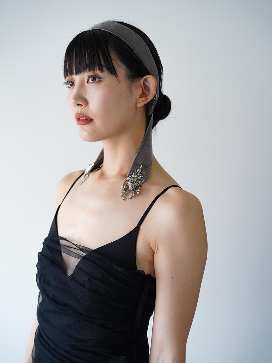 tanaka daisuke crystal silver tip velvet long ribbon