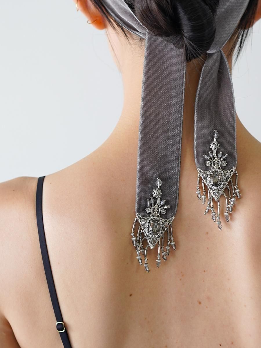 tanaka daisuke crystal silver tip velvet long ribbon