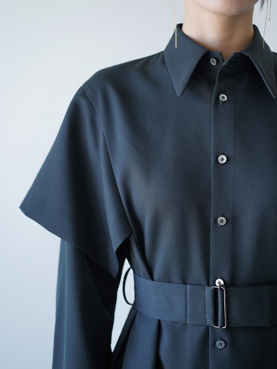 UJOH Wool Gabardine Paper Finish Handkerchief Sleeve Dress