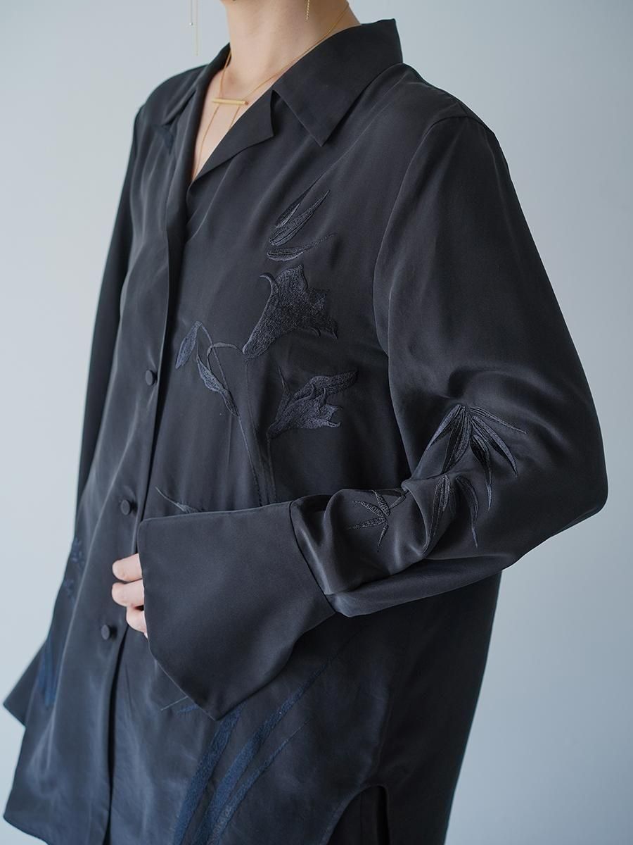 Mame Kurogouchi Silk Cupra Floral Embroidery Open Collar
