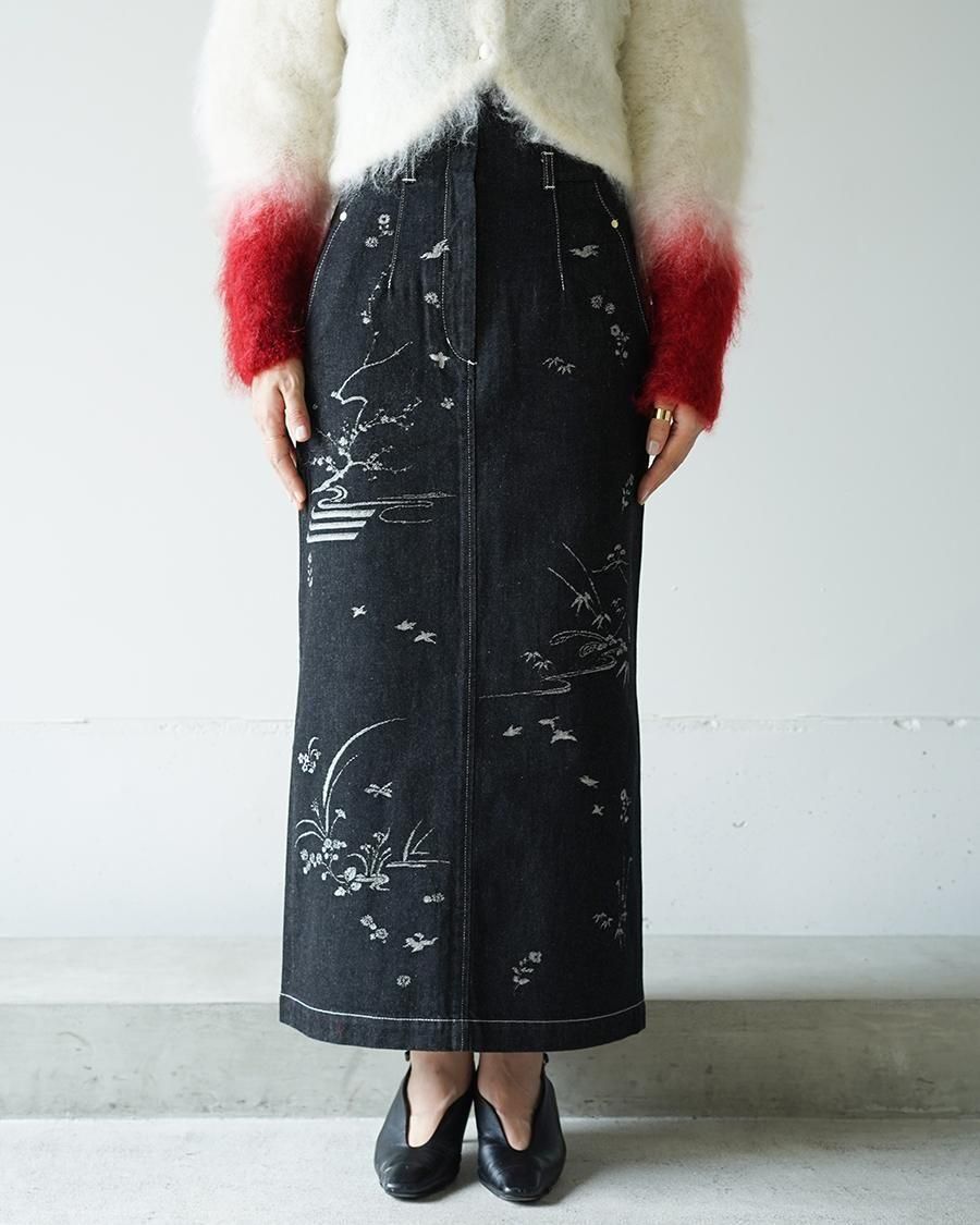 Mame Kurogouchi Nature Pattern Jacquard Denim Skirt