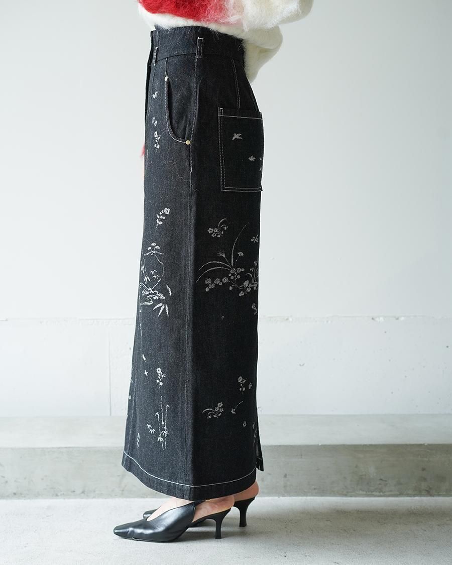 Mame Kurogouchi Nature Pattern Jacquard Denim Skirt