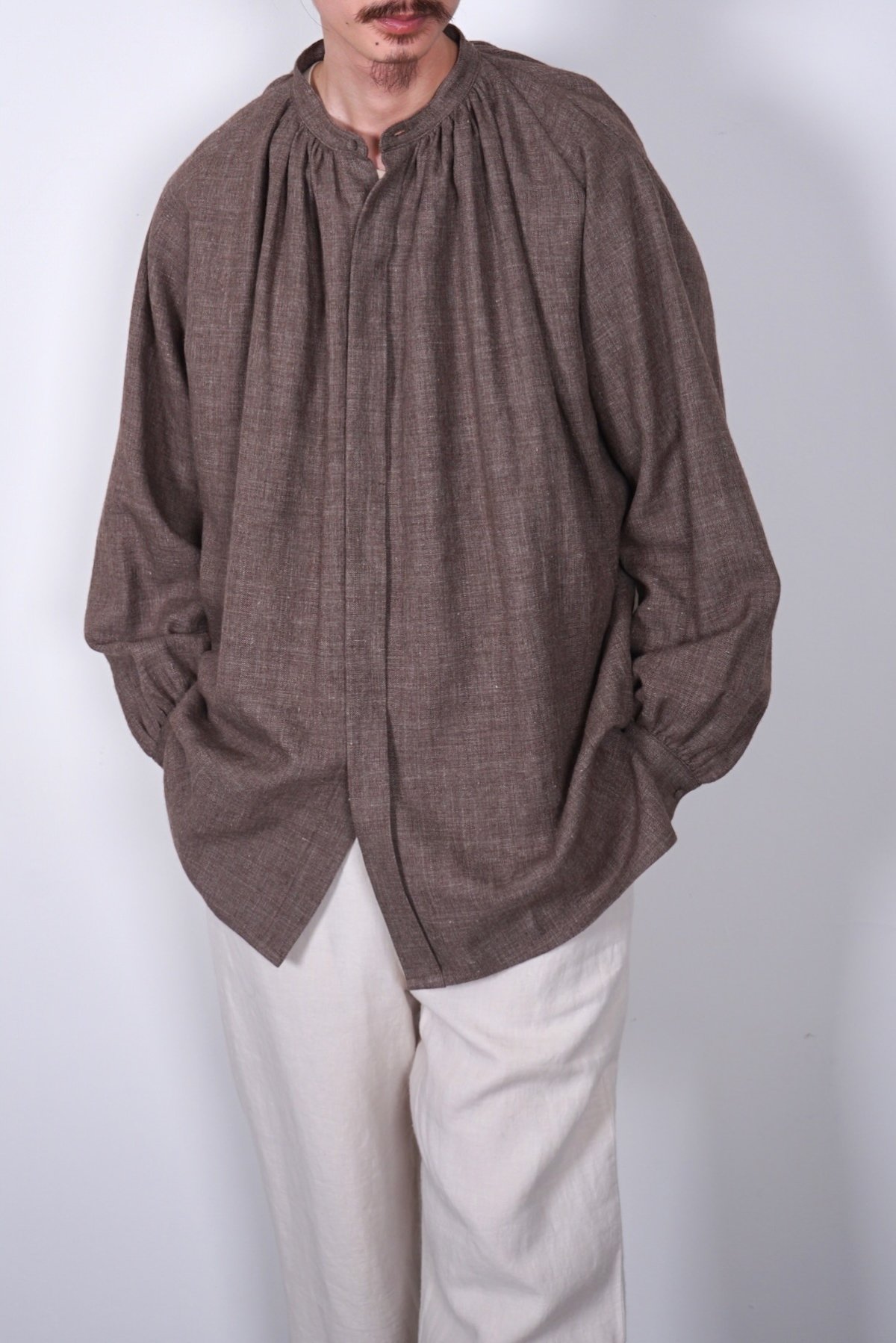 COSMIC WONDER / Linen wool sharkskin classic shirt / Brown
