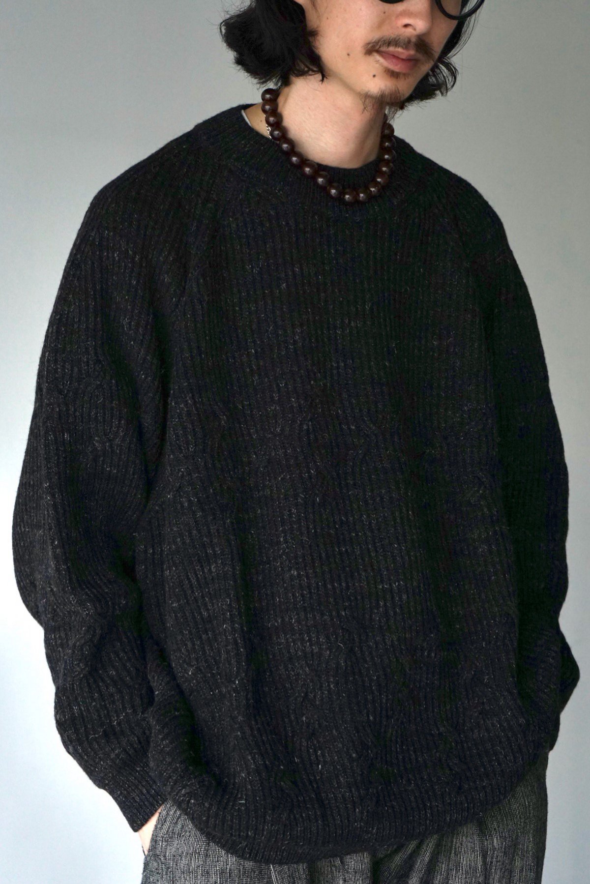 JAN JAN VAN ESSCHE / Wide Fit Crewneck Cable Knitted Sweater (KNIT#66) / Anthracite