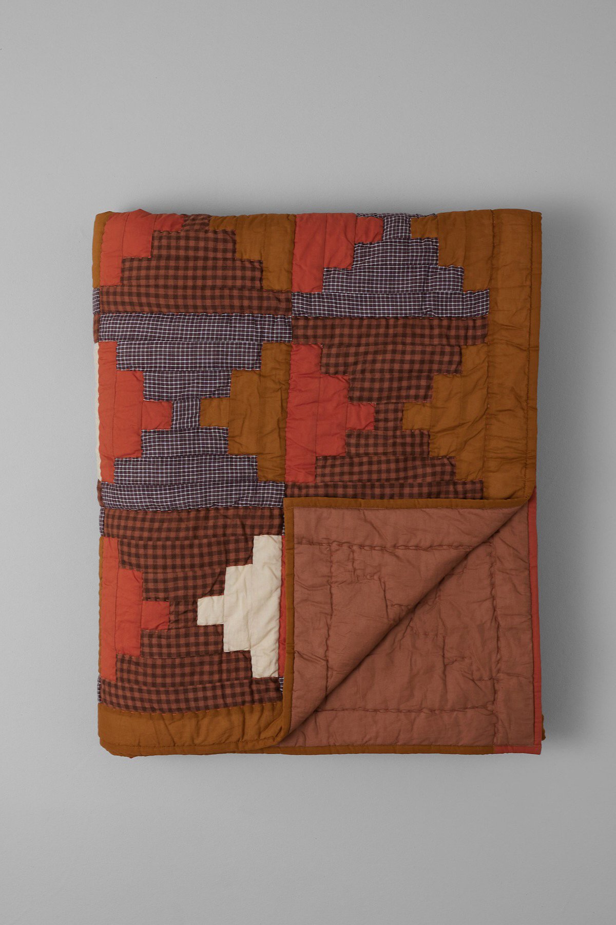 TOAST / Stacked Check Patchwork Quilt / Deep Amber Rusted Coral