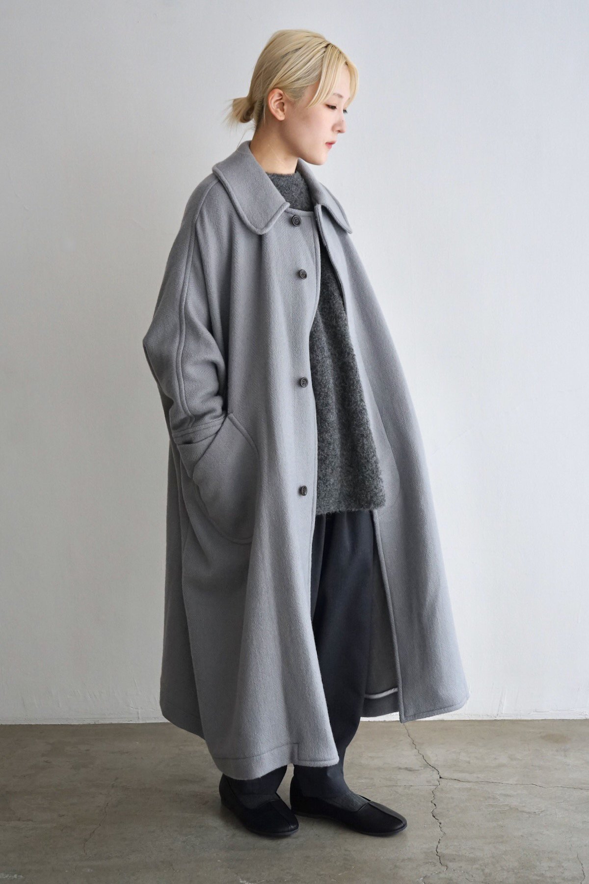 COSMIC WONDER / Herringbone shetland wool dolman sleeve coat / Gray