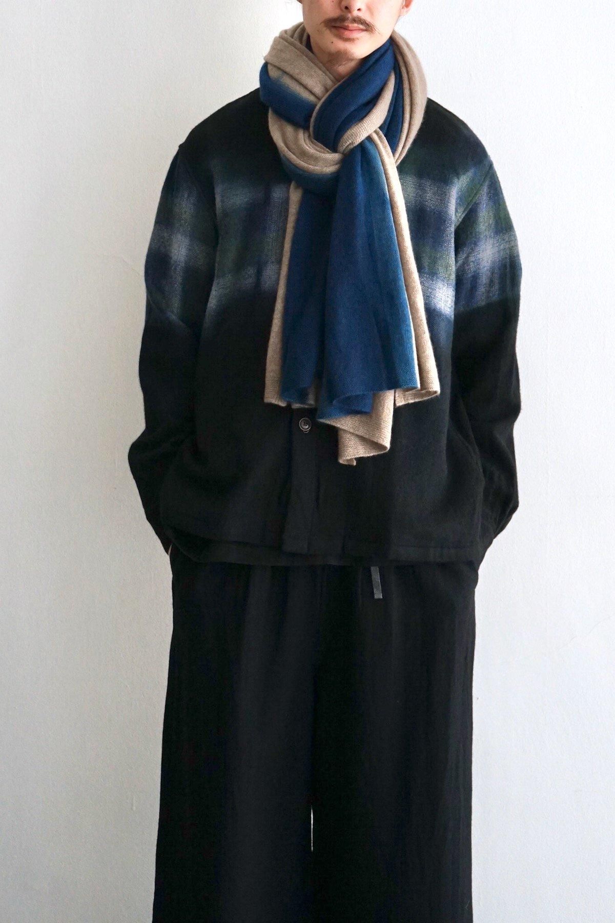 suzusan / Cashmere Knit Shawl /  Dark Blue x Light Coffee