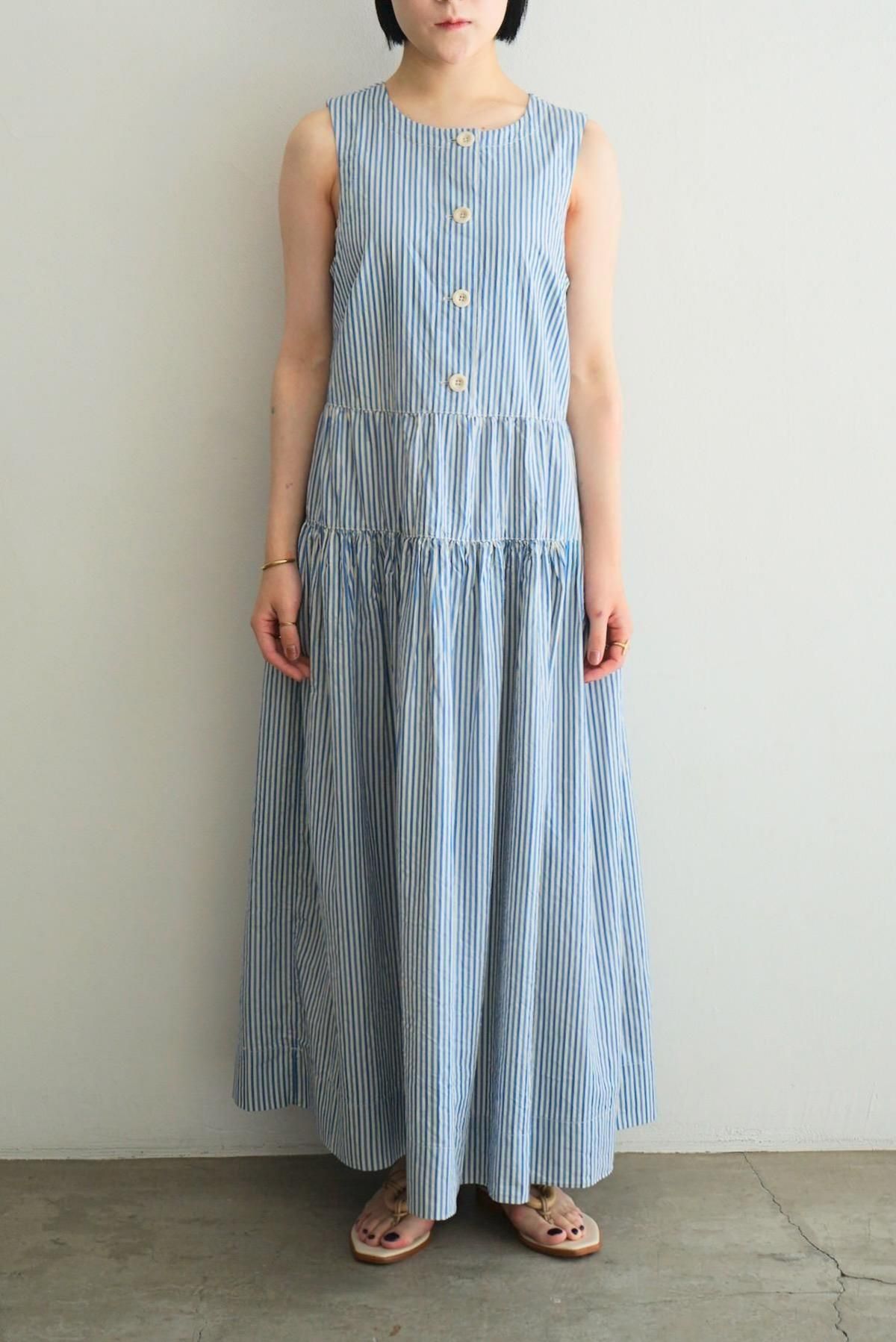 TOAST / Pleated Candy Stripe Cotton Dress / Ocean Blue / Ecru