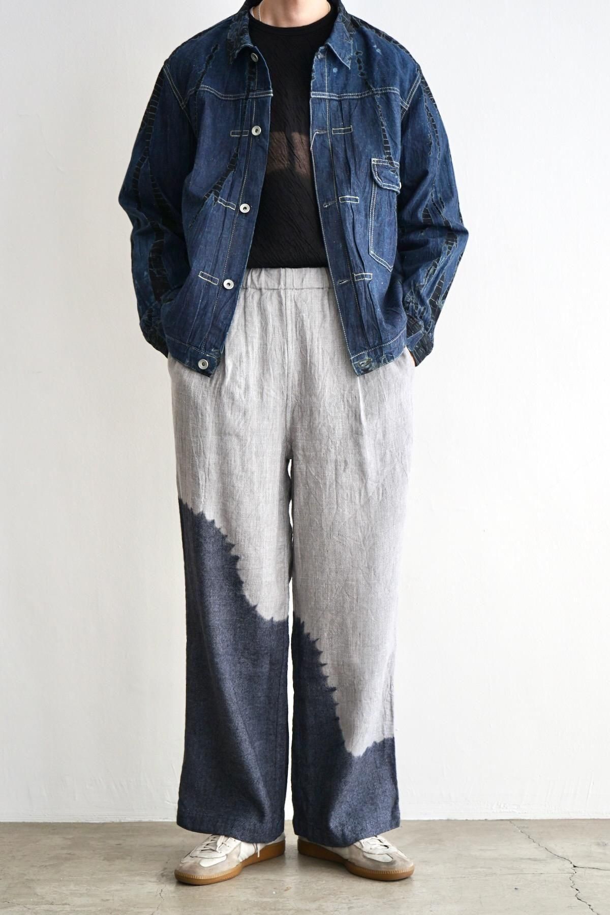 suzusan / Linen Wool Twill Drawstring Wide Pants / Black - Light Grey