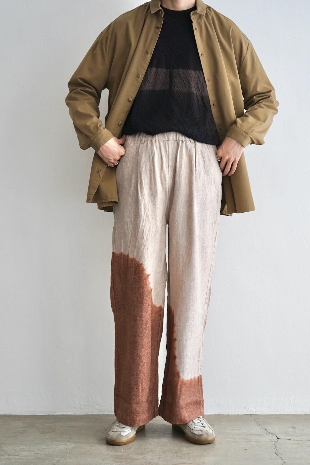 suzusan / Linen Wool Twill Drawstring Wide Pants / Brown - Greige