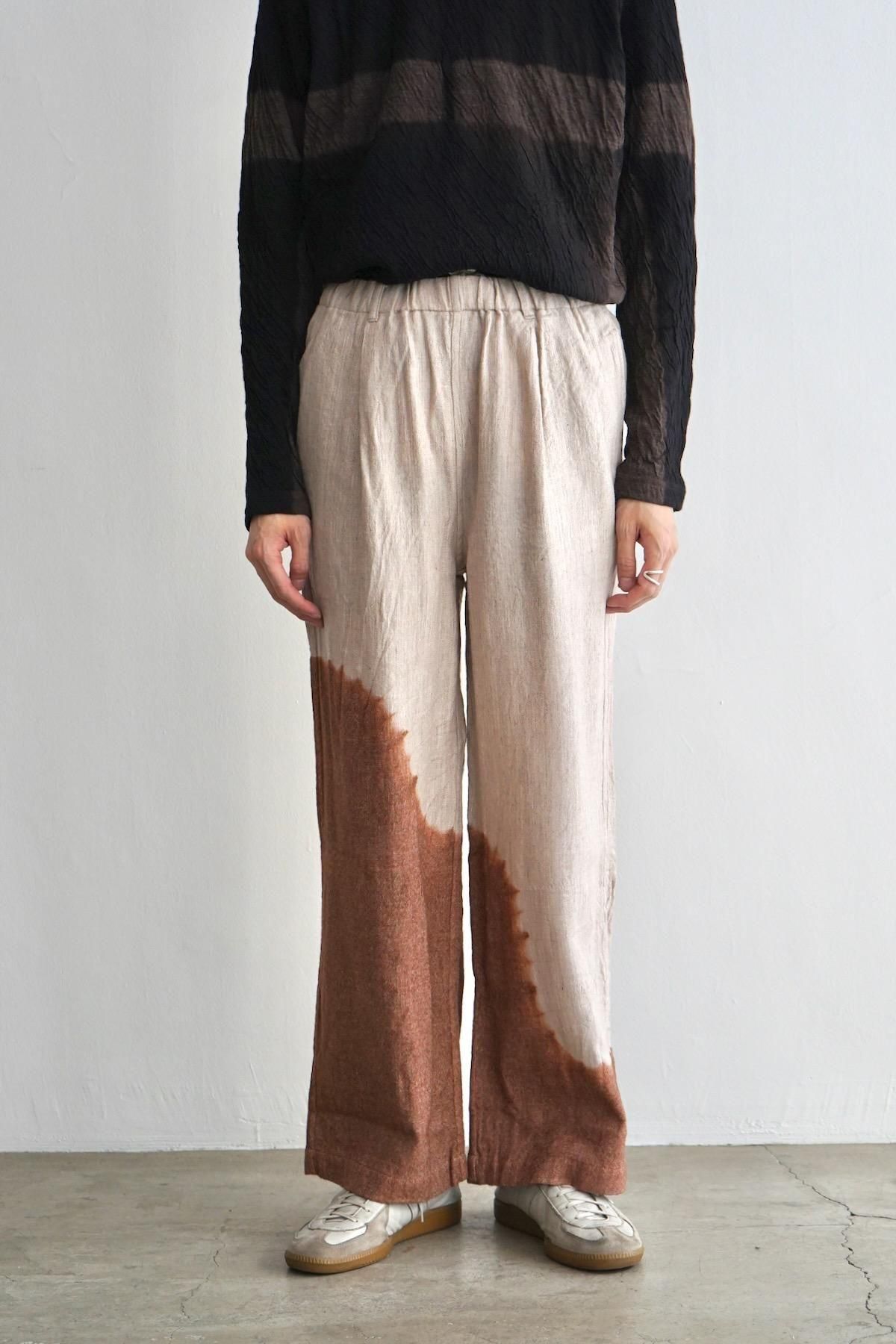 suzusan / Linen Wool Twill Drawstring Wide Pants / Brown - Greige