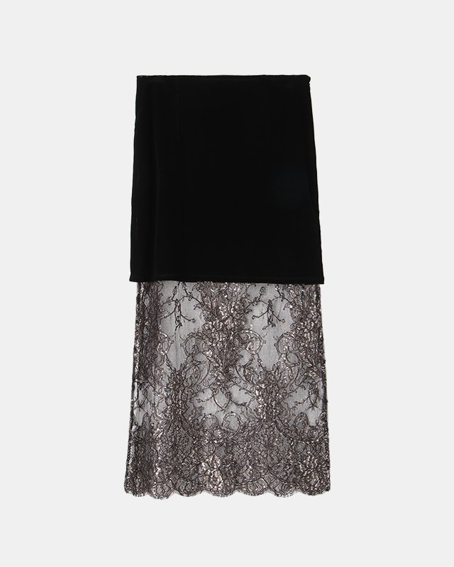 Velours & lace midi skirt (black)