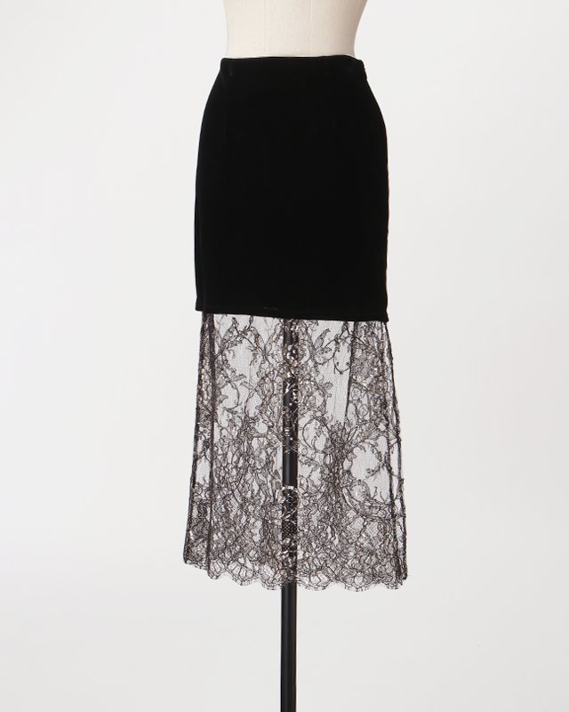 Velours & lace midi skirt (black)