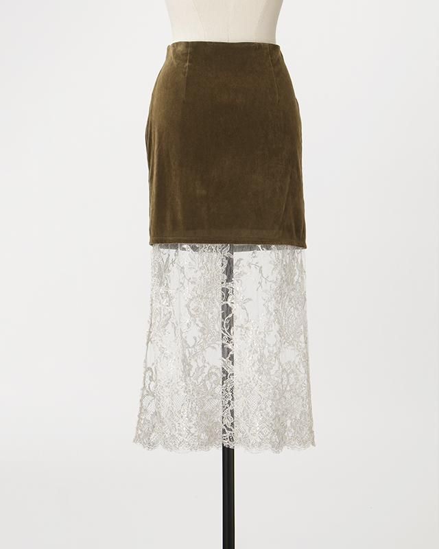 Velours & lace midi skirt (khaki) - MARGE Online Shop