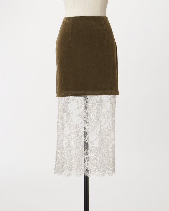 Velours & lace midi skirt (khaki)