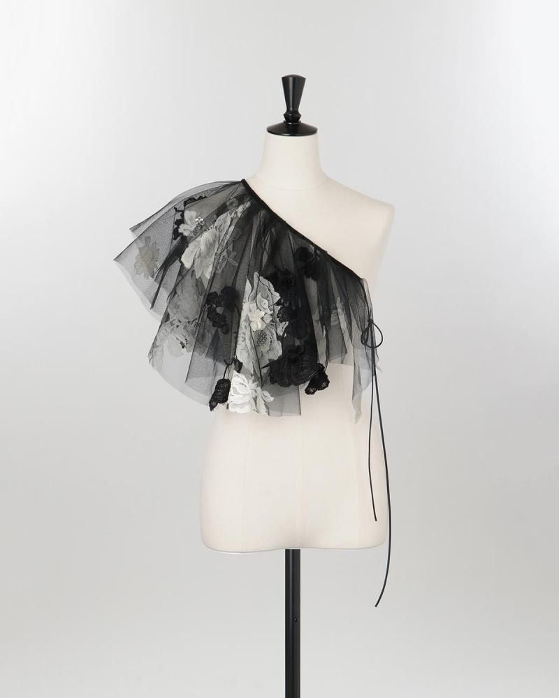 Lace cutout bead-embellished tulle collar (artisanal)