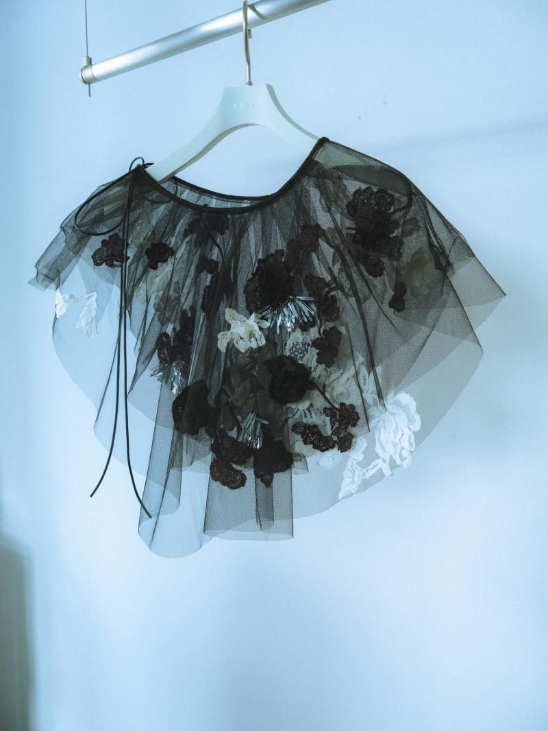 Lace cutout bead-embellished tulle collar (artisanal)