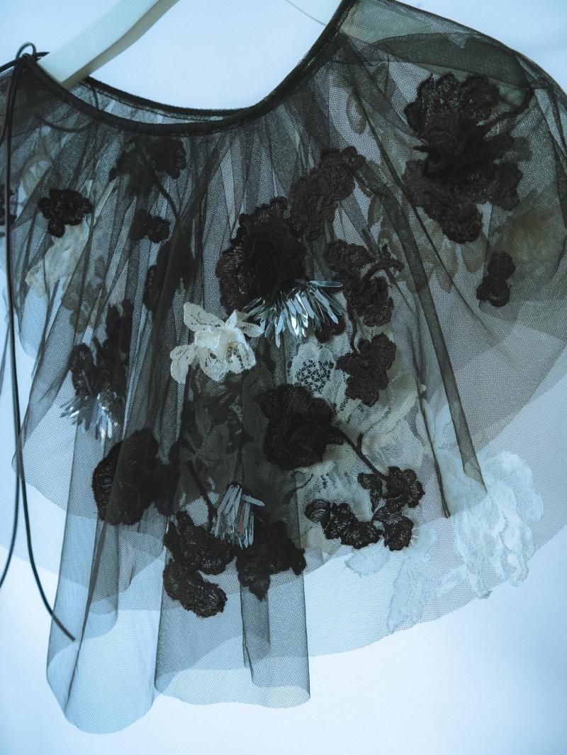 Lace cutout bead-embellished tulle collar (artisanal)