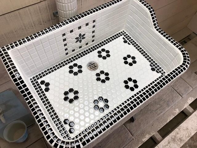 オーダー参考品》モノクロ六角形フラワー柄シンク(SSサイズ オーダー参考品》モノクロ六角形フラワー柄シンク(SSサイズ