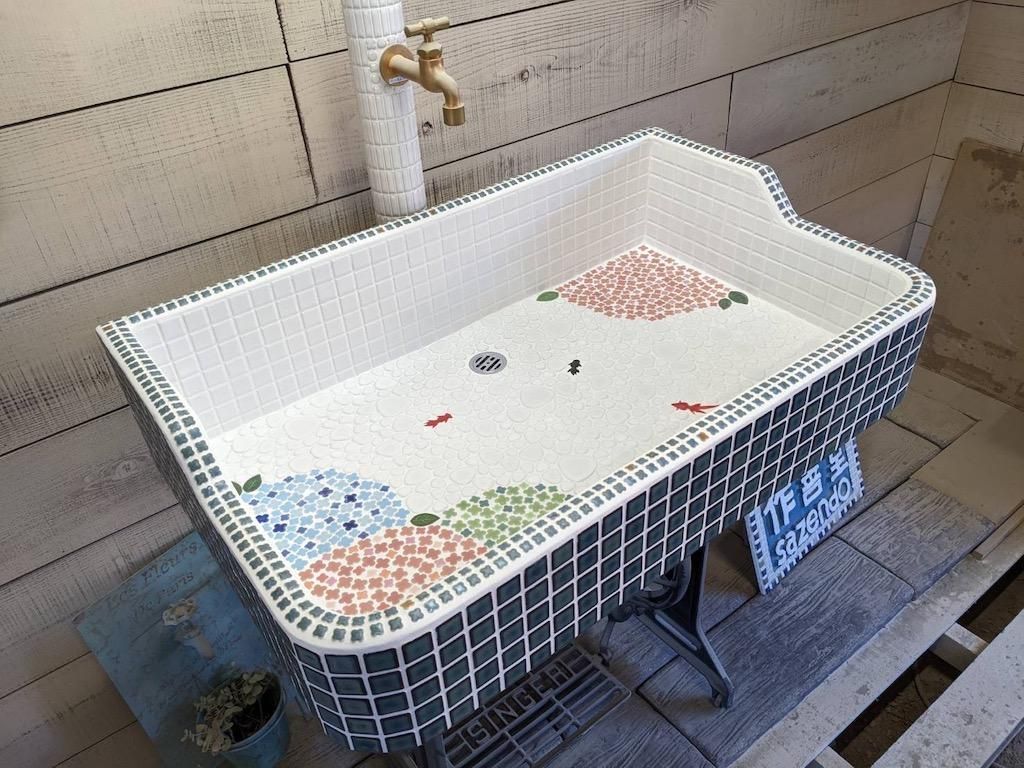 オーダー参考品-》【屋外専用】金魚と紫陽花のシンク(Lサイズ オーダー参考品-》【屋外専用】金魚と紫陽花のシンク(Lサイズ