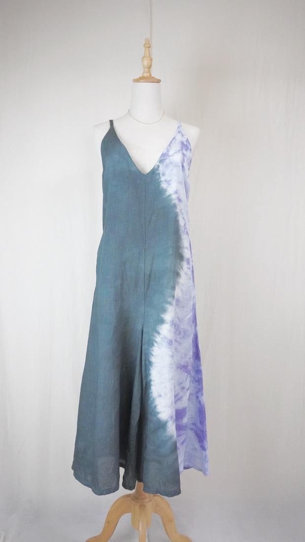 French Linen Long Rompers  Black x Lavender 