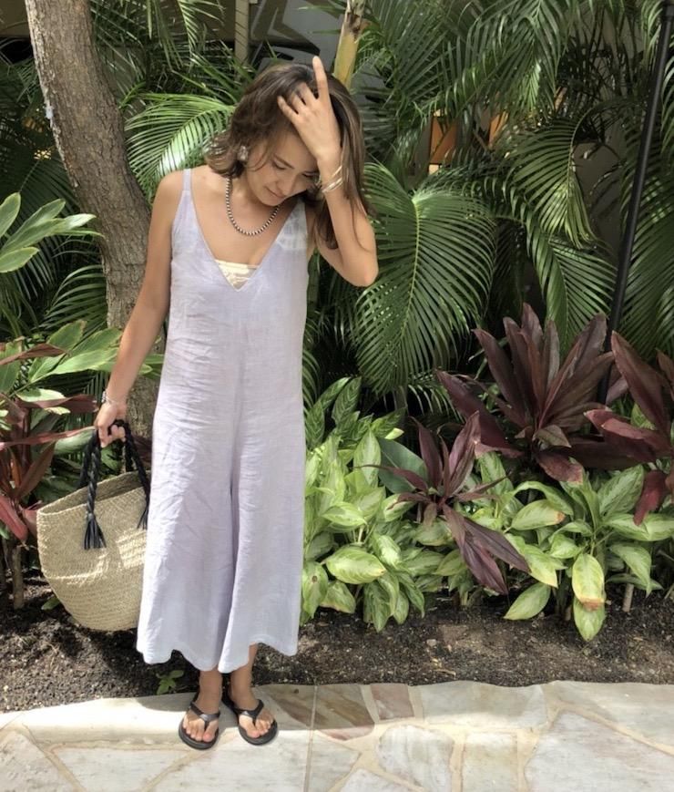 French Linen Long Rompers  Black x Lavender 