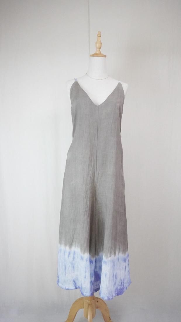French Linen Long Rompers  Taupe x Lavender 