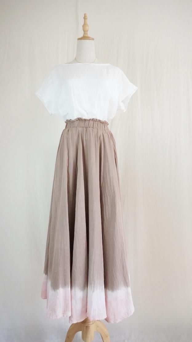 W gauze  flare long skirt  Brown x Pinkbeige 