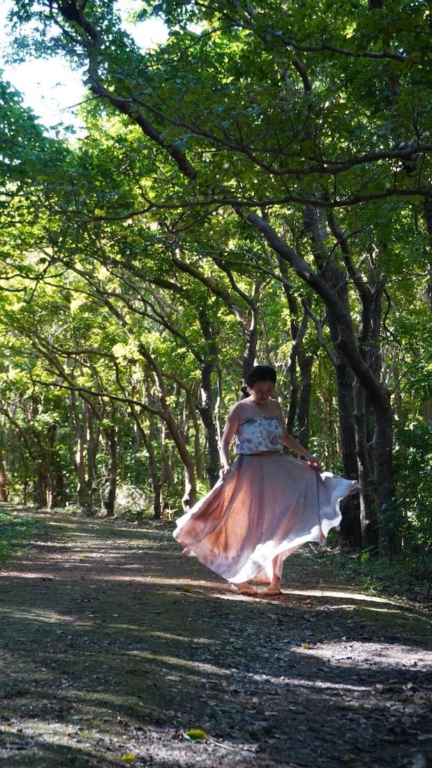 W gauze  flare long skirt “ Ginkgo x Lavender  ”