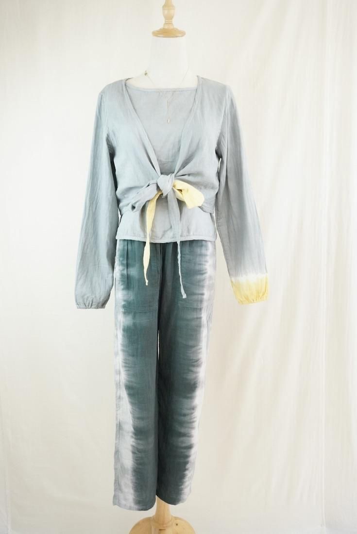 W gauze Ribbon Cardigan  Lightgray x Custard 