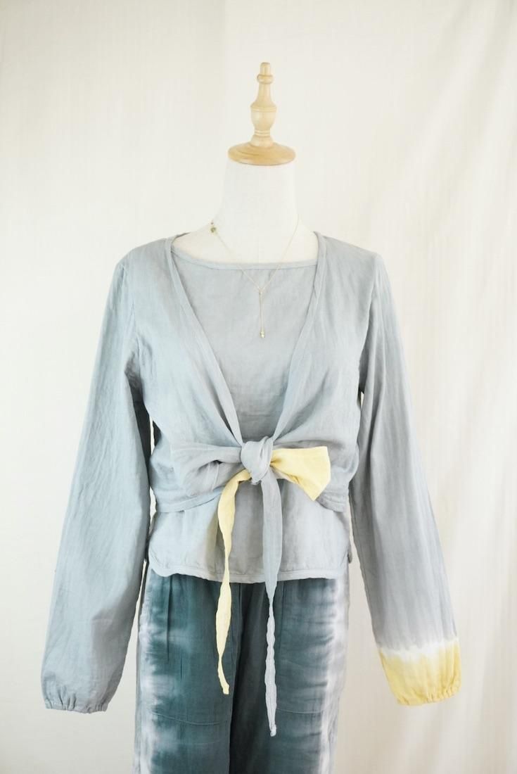 W gauze Ribbon Cardigan “ Lightgray x Custard ”