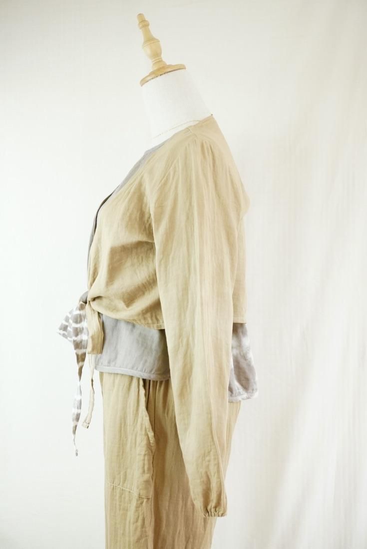 W gauze Ribbon Cardigan “ Taupe x Hazelnuts ”